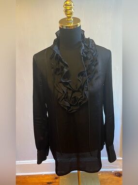 Stile Benetton Vintage Y2K Black Label Ruffle Neckline Black Blouse Size Medium